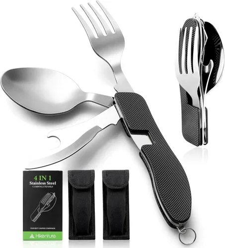 Vista 14 de HIKENTURE 4 en 1 Utensilios para Camping, Juego de Cubertería de Acero Inoxidable con Cuchara, Tenedor, Cuchillo y Abrebotellas, Cubiertos