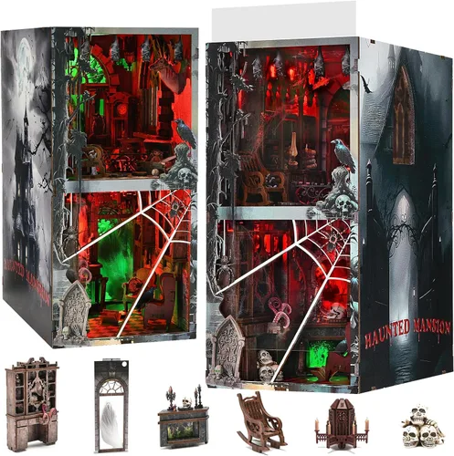 Vista 14 de fifijoy Kit de rincón de libros, casa de muñecas en miniatura para adultos y adolescentes, rompecabezas de madera 3D con luz LED, decoración retro
