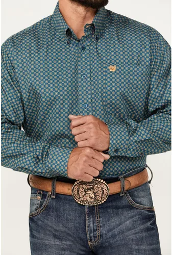 Vista 3 de Cinch Camisa de botones con estampado de medallón para hombre, color azul, talla S, Azul