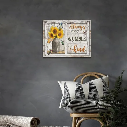 Vista 2 de Arte de pared motivacional, diseño rústico de girasol, colibrí, decoración de pared de baño, con citas inspiradoras "Always Stay Humild" y Kind