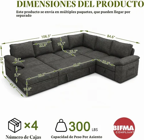 Vista 3 de Sofá modular modular de 106 pulgadas con cama extraíble, sofá cama, gris oscuro