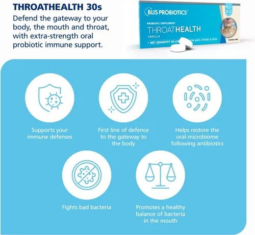 Vista 5 de BLIS ThroatHealth Probióticos orales K12 - Apoyo inmunológico y de garganta, vainilla - 30 pastillas, 2.5 mil millones de UFC