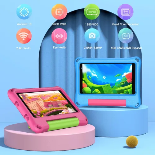 Vista 2 de VASOUN Tablet infantil de 7 pulgadas para niños pequeños, Android 13 32 GB de RAM con doble cámara WiFi, control parental, Bluetooth, a prueba