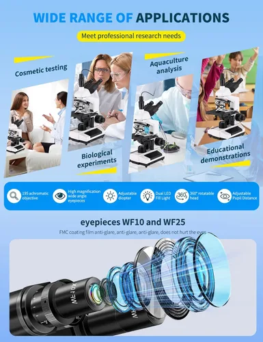 Vista 3 de Microscopios para adultos WF10x y WF25x Microscopio compuesto con portaobjetos de microscopio, kit de microscopios para niños, estudiantes, escuela