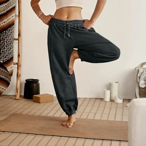 Vista 5 de midelxp Pantalones deportivos de forro polar de cintura alta para mujer, holgados, cómodos, elásticos, pantalones deportivos de entrenamiento