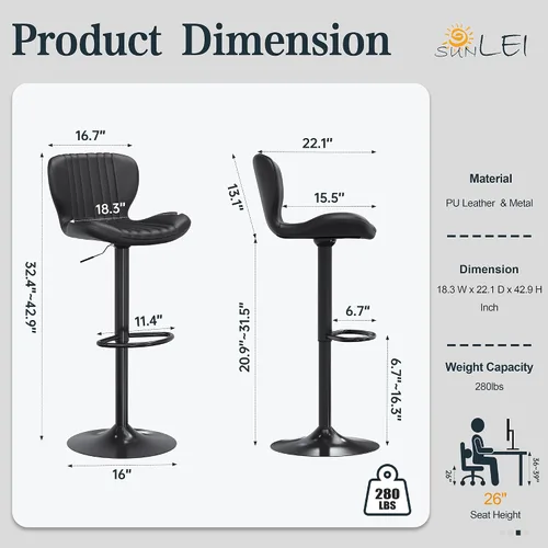 Vista 3 de SUNLEI Taburete de bar de altura ajustable, juego de taburetes de bar giratorios, altura de mostrador, taburetes de bar ajustables para encimera