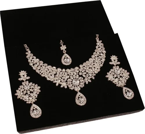 Vista 8 de Touchstone Conjunto de collar de joyería nupcial de diseño nupcial con diamantes de imitación blancos y zafiro sintético azul para mujeres en oro