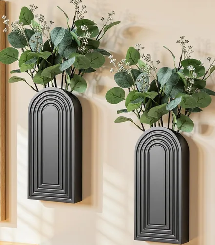 Vista 10 de DREAMLOOM Paquete de 2 jarrones de pared de madera con plantas artificiales de eucalipto, macetas para colgar en la pared, estilo bohemio y moderno
