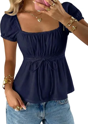 Vista 14 de SOLY HUX Blusa de verano de manga corta para mujer Blanco sólido