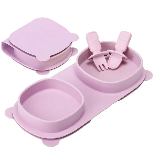 Vista 12 de Platos llanos plegables de silicona, platos para bebé, esenciales de viaje con tenedores y cucharas, aptos para microondas y lavavajillas, aguamarina