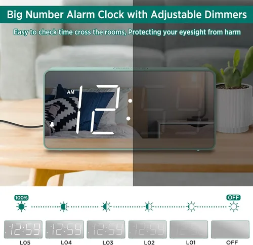 Vista 5 de Peakeep Reloj digital, reloj despertador alimentado por batería para dormitorios, esfera de espejo, números grandes, 6 atenuadores para personas