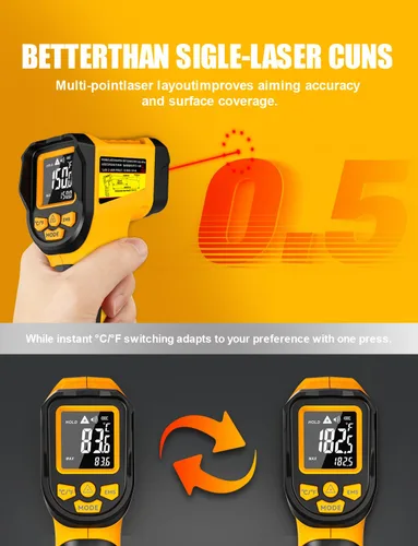 Vista 2 de NJTY Pistola Termómetro Infrarrojo, -58℉ a 1472℉, Alta Precisión, Sensor de Temperatura Láser Sin Contacto con Pantalla LCD Retroiluminada
