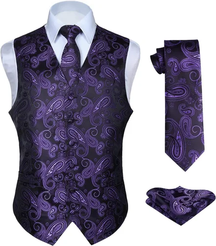 Vista 30 de HISDERN Conjunto de 3 piezas de chaleco formal para hombre, chaleco formal de cachemira floral jacquard corbata bolsillo cuadrado chalecos