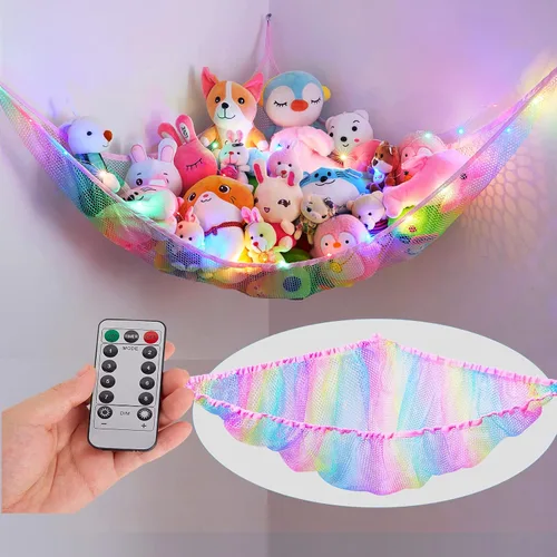 Vista 13 de Unicorn Castle Hamaca de red para animales de peluche, almacenamiento de juguetes con luz LED, organizador de juguetes de felpa para colgar