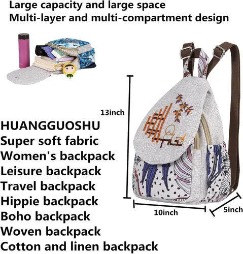 Vista 171 de HUANGGUOSHU Mochila de algodón tejida de algodón bohemio con bordado de lona estilo bohemio con múltiples bolsillos retro linda mochila cartera