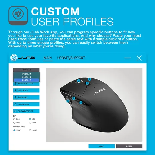 Vista 2 de JLab JBuds Mouse inalámbrico, se conecta a través de Bluetooth o USB inalámbrico, palanca multidispositivo, hasta tres dispositivos, perfiles