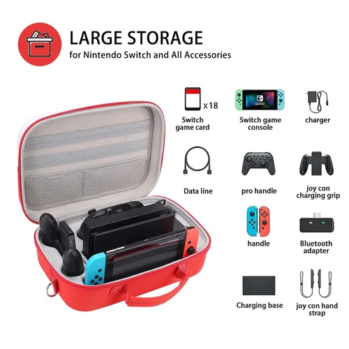 Vista 2 de Red & White Travel Carrying Case For Nintendo Switch & Switch OLED, Deluxe Protective Hard Shell Waterproof Case Fits Nintendo Switch Console & Full