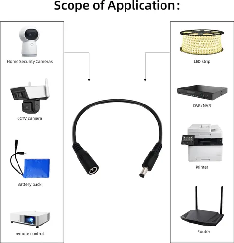 Vista 3 de Cable de extensión de alimentación CC de 1 pie, 5.5 mm x 2.1 mm, 18 AWG, macho a hembra, cable de extensión de 12 V para cámara de vigilancia CCTV