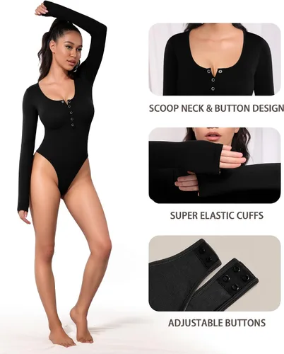 Vista 4 de MANGOPOP Body Henley con cuello redondo para mujer, con botones, básico, acanalado, tanga