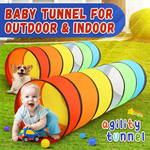 Vista 6 de Moncoland Tienda de campaña de túnel de juego para niños pequeños, paquete de 2 coloridos juguetes de túnel de gateo desplegable para bebés