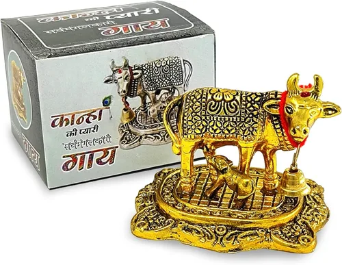 Vista 7 de NOBILITY Artículos de Pooja Regalo de Diwali Estatua de Metal de Vaca Kamdhenu Dorada Pequeña con Becerro Pieza Decorativa Muestra para Decoración