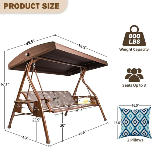 Vista 7 de ZZW Columpio de Patio para 3 Personas Columpio Exterior para Adultos con Toldo Ajustable y Portavasos Mejorados Tela Textilene Silla Columpio