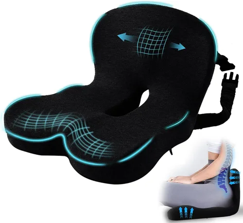 Vista 9 de Cojín de asiento ergonómico con correa ajustable, cojín de asiento de silla de oficina de espuma viscoelástica con diseño en forma de L, cojín