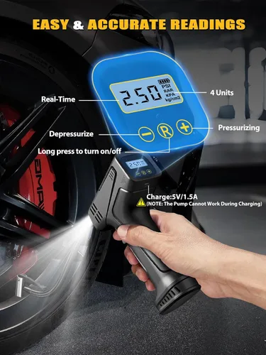 Vista 6 de Compresor de aire para inflado de neumáticos, bomba de aire de mano para neumáticos de automóvil con batería recargable, inflado rápido de 150 PSI