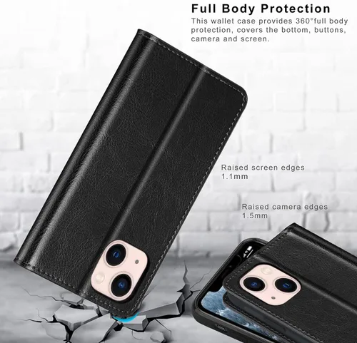 Vista 3 de Belemay Funda protectora de piel auténtica compatible con iPhone 13, con tarjetero de bloqueo RFID [carcasa interior suave no desmontable], funda