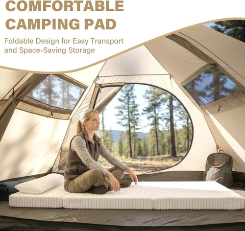Vista 7 de Tiita Sofá Cama Plegable - Silla Reclinable Convertible de 4 Pliegues con Funda de Pana y Almohada Rectangular, Colchón de Sofá de Suelo para beige