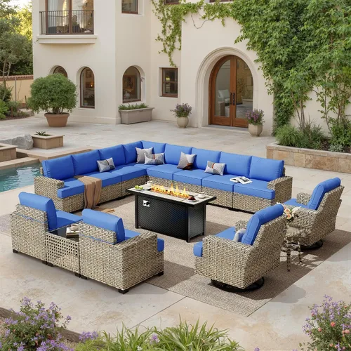 Vista 71 de HOOOWOOO Juego de muebles seccionales de patio con mesa de luz solar, 6 piezas de mimbre para exteriores, sofá en forma de L, juego de conversación