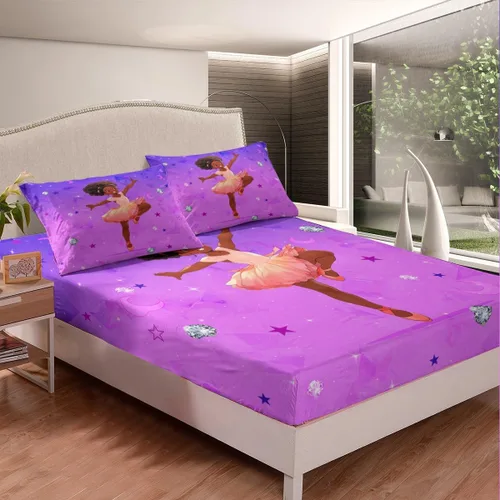 Vista 3 de Erosebridal Lindas sábanas negras para niñas, sábana bajera ajustable de niña africana americana, tamaño individual, sábanas psicodélicas moradas