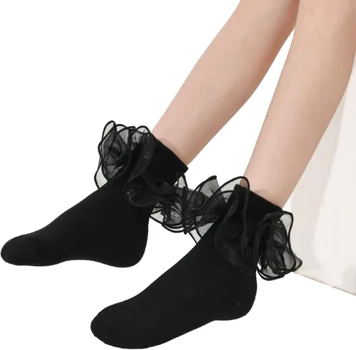 Vista 2 de Dicry Calcetines de doble encaje con volantes grandes para bebés y niños pequeños