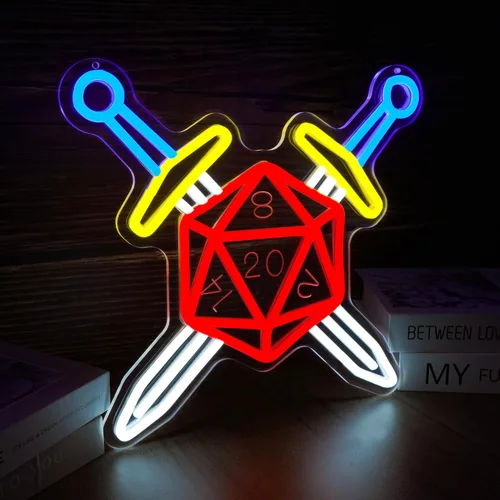 Vista 2 de Letrero de neón de espada y dados, decoración para juegos RPG, letrero de juego DND para sala de juegos, sala temática de dados, mesa de fantasía