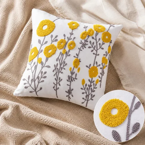 Vista 3 de ARTMAGIC Fundas decorativas para cojín con flores amarillas bordadas, fundas de almohada cuadradas estilo granja para sofá, cama, sala de estar