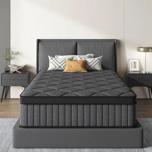Vista 13 de Colchón negro matrimonial, colchón híbrido de 10 pulgadas tamaño matrimonial, firmeza media con espuma viscoelástica y resortes en bolsillo, funda