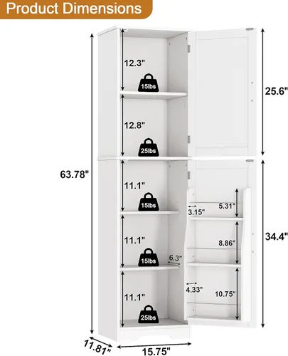 Vista 2 de Yusong Armario de almacenamiento de baño de 64 pulgadas de alto, despensa de cocina con almacenamiento de puerta, armarios independientes de madera