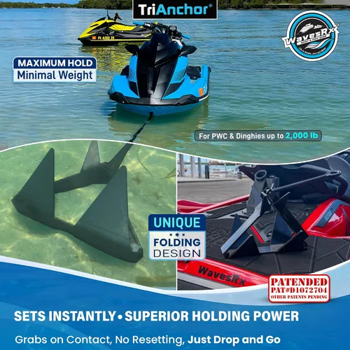 Vista 2 de WAVESRX TriAnchor - Stainless Steel Folding PWC & Boat Anchor Sets Instantly for Effortless Boat & Jet Ski Anchoring Compact Patent-Pending