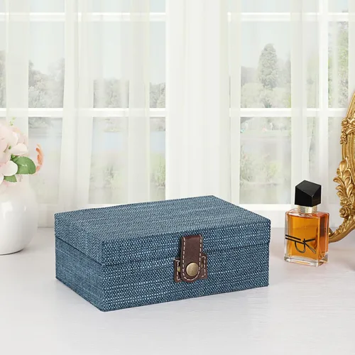 Vista 2 de Hipiwe Joyero de cofre del tesoro, caja decorativa de madera con cierre, caja de recuerdos cubierta de lino, caja de recuerdos rectangular
