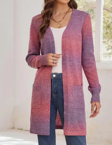 Vista 4 de GRACE KARIN Suéter de arcoíris para mujer, parte delantera abierta, color lavanda, chaqueta de manga larga con bolsillos