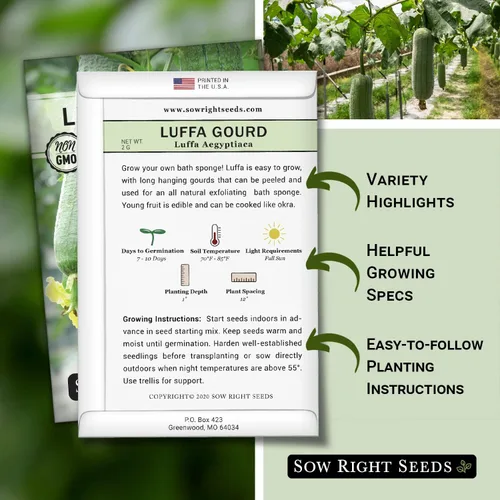 Vista 2 de Sow Right Seeds - Semilla de calabaza Luffa para plantar - Paquete de reliquia sin OMG con instrucciones para plantar un huerto casero - Cultiva tu