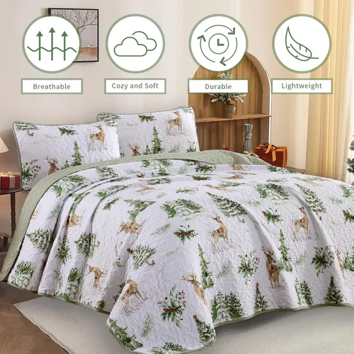 Vista 2 de DJY Juego de edredón navideño tamaño queen, patrón de renos y árboles de Navidad, juego de ropa de cama navideña, suave microfibra verde y blanco