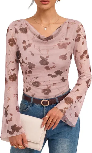 Vista 14 de GRACE KARIN Blusas de malla estilo bohemio para mujer, estilo casual