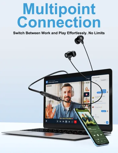 Vista 7 de Auriculares con cancelación activa de ruido, auriculares Bluetooth inalámbricos intrauriculares con banda para el cuello con 3 micrófonos de IA ENC