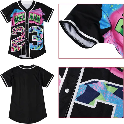 Vista 5 de DreamJ Traje de los años 90 para mujer, camiseta de béisbol Bel Air, ropa de fiesta de hip hop, camisa de manga corta para fiesta club