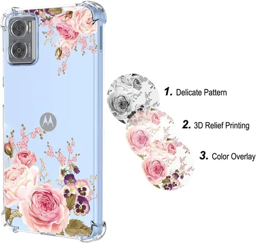 Vista 4 de Funda de teléfono para Motorola E22, Moto E22i XT2239, funda delgada a prueba de golpes con patrón floral transparente flexible TPU funda protectora
