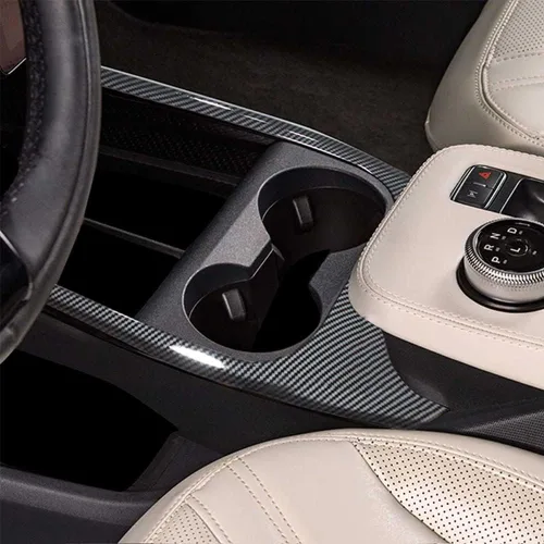 Vista 2 de BestEvMod para la cubierta de pegatinas de la consola central del Mach E, accesorios compatibles con Mustang Mach-E 2021-2025 (fibra de carbono)