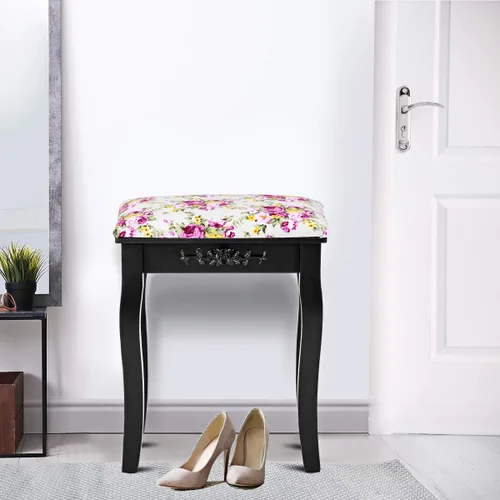 Vista 4 de Giantex Taburete de tocador de madera, silla acolchada, asiento de piano de maquillaje, banco de maquillaje con cojín rosa (negro)