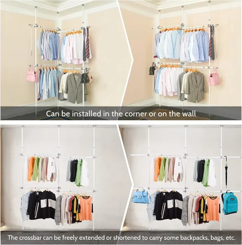 Vista 4 de Estante doble para ropa, estantes ajustables para colgar ropa, ropa de 2 niveles, ropa resistente, sistema independiente de armario blanco