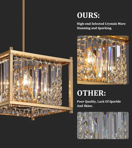 Vista 7 de Q&S Candelabro de oro, moderno candelabro industrial de cristal cuadrado dorado con 4 luces colgantes para comedor, pasillo, entrada, isla